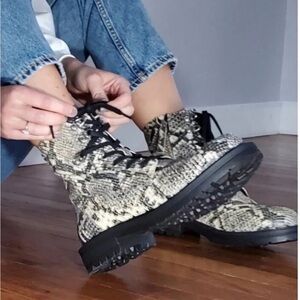 Snake-Print Combat Boots in Black and Cream